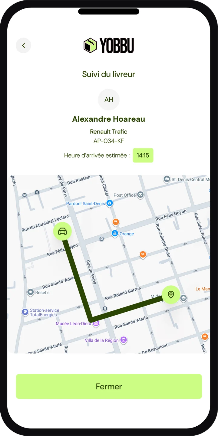 Écran de l'application YOBBU : suivi du livreur en temps réel sur la carte